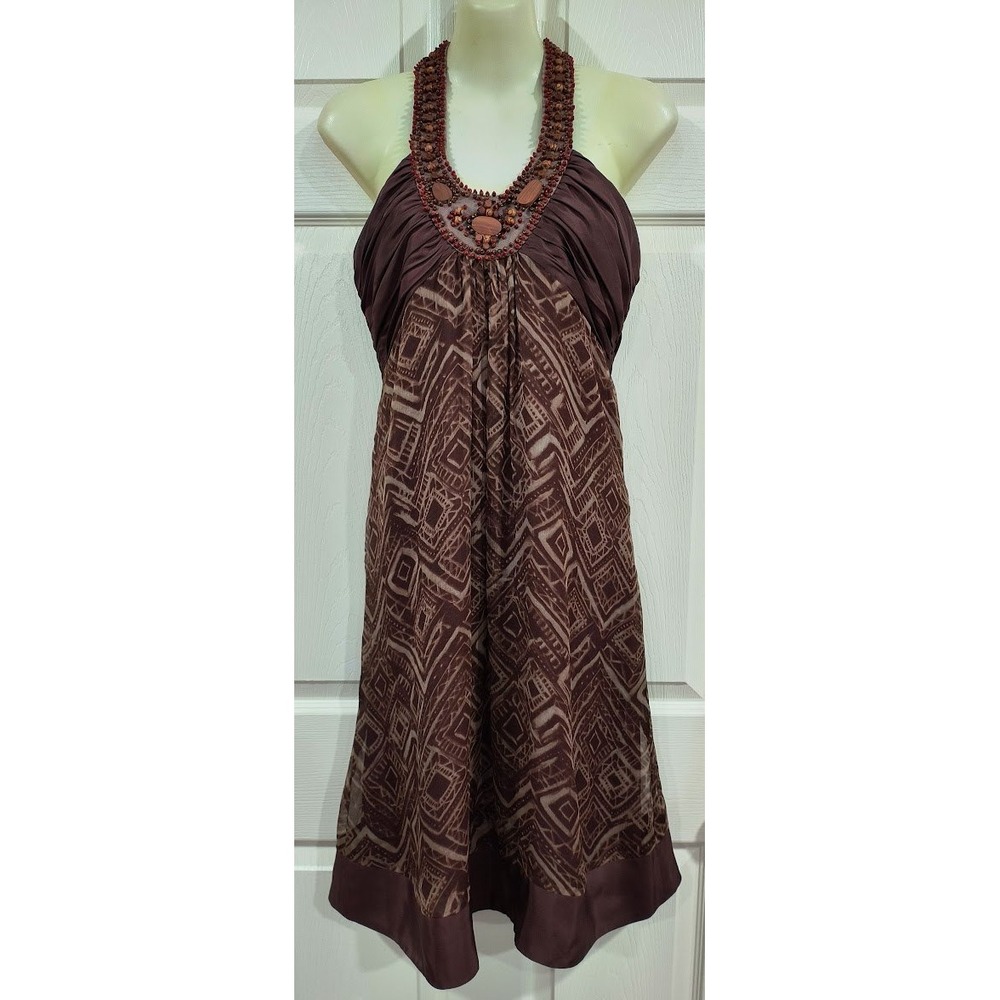 BCBGMAXAZRIA Silk Beaded Halter Dress Brown Geometric Tribal Print Womens Size 8